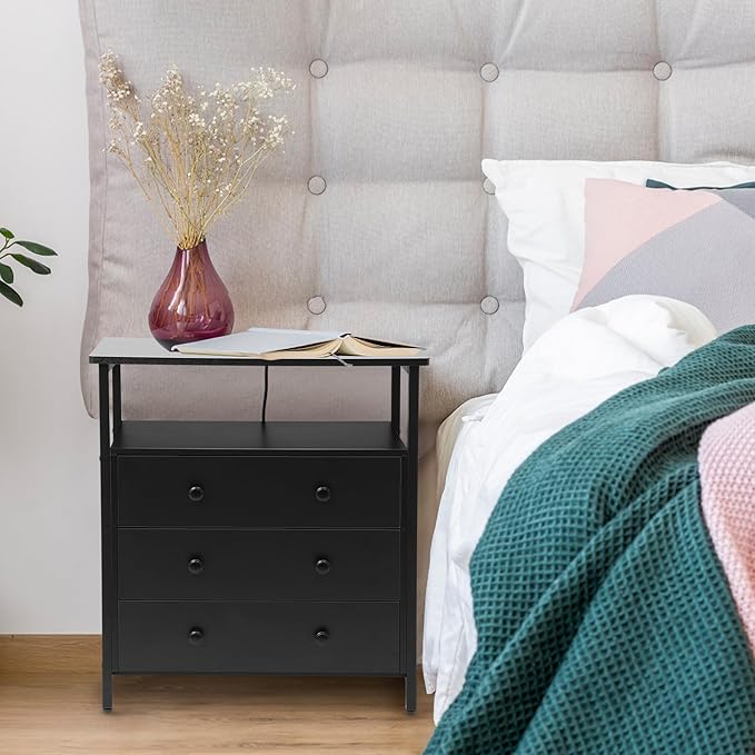 3 Wooden Drawers Nightstand, 27 Inch Wide Night Stand Set 2 with Charging Station and Adjustable Drawers, Small Dresser for Closet, Bedside Table for Living Room/Bedroom/Office, Black.