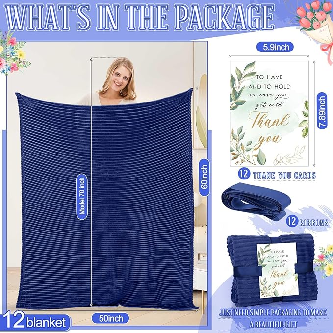Buryeah 12 Pcs Wedding Flannel Fleece Throw Blanket Bulk with Thank You Card and Ribbon, 50 x 60 in Oeko-TEX Standard 100 Certified Blankets Outdoor Wedding, Guest Party Souvenirs (Navy)