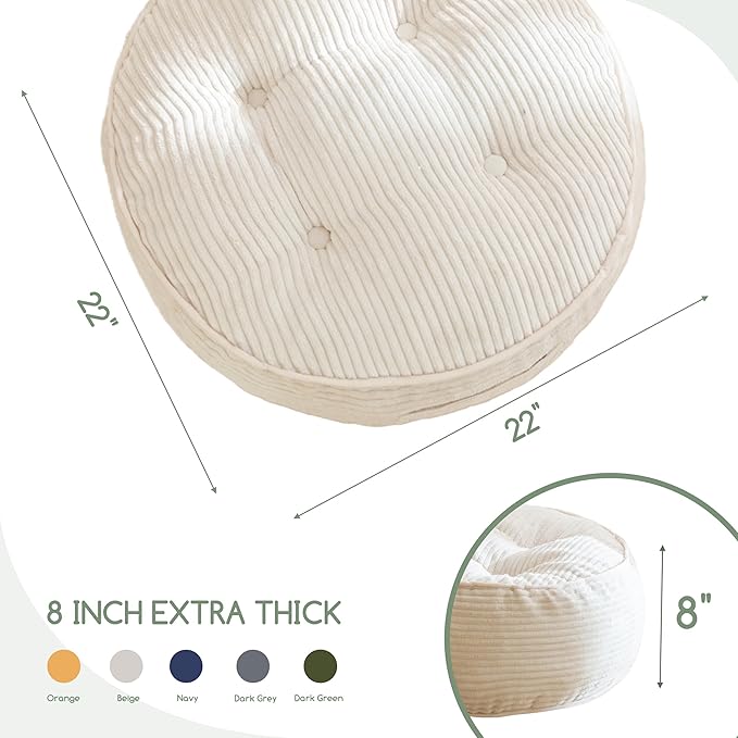 8" Washable Floor Pillow Cushion for Adults, Meditation Cushion Pillow, Large Round Floor Sitting, Removable Tufted Corduroy Cover, for Tatami Living Room or Yoga, 22x22 Inch, Machine Washable