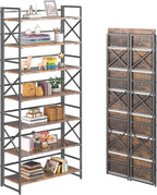 4NM 7 Tiers No Assembly Book Shelves, 72.4" H Folding Bookshelf Bookcase Open Industrial Foldable Shelves for Bedroom, Living Room, Home Office - Rustic Brown Black