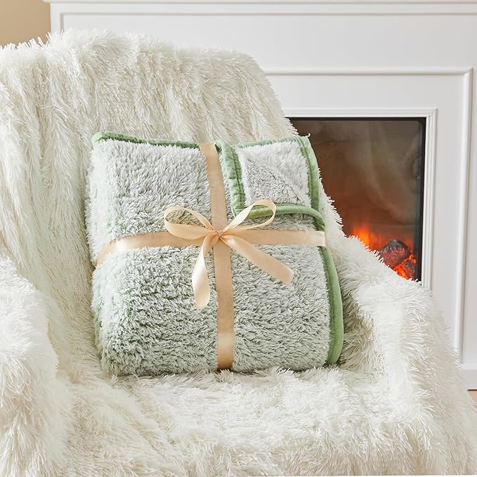 EMME Soft Sherpa Fleece Blanket Reversible Plush Fluffy Large Blanket, Light Weight Warm Decorative Boho Blanket Cover for Sofa, Couch, Bedroom,Travel(Plush Sage,60"x80")