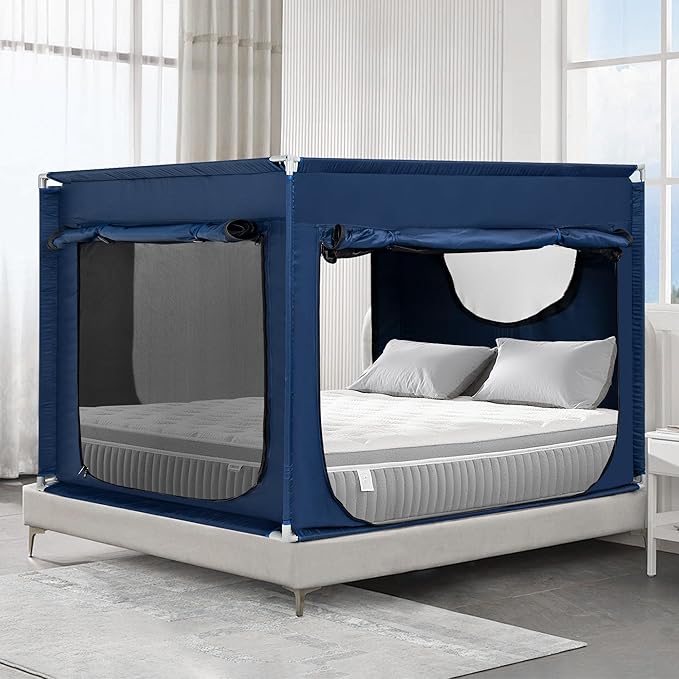 Bed Canopy Portable Blackout Bed Tent Privacy Tent for Adult Indoor Sleeping with 3 Doors, Storage Bag