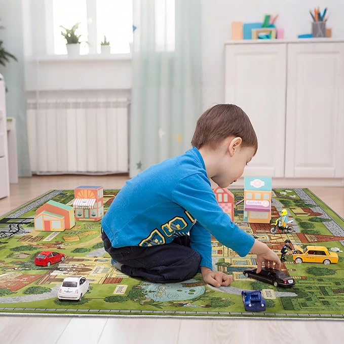 4x6ft Kids Manor Tour Play Rug,Non-Slip Faux Wool Carpet with Interactive English Words, Educational Manor Map Design for Playroom, Bedroom, Nursery Gift