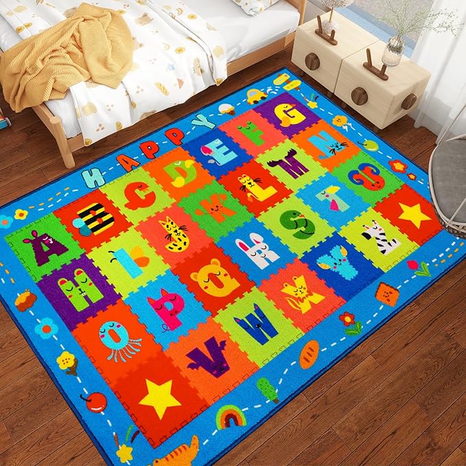 ABC Kids Rug, Kids Carpet for Playroom, Classroom Carpet with Anti-Slip Back, Educational Preschool Rugs with ABC, Numbers, Animals Colors, Shapes, Extra Large Thick (59'' x 39.4", Style 8)