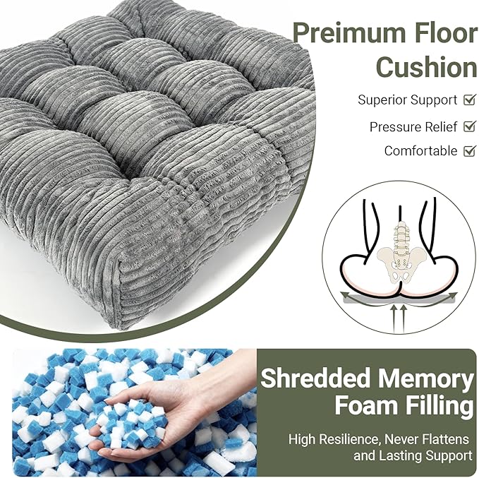 Meditation Floor Pillow Set of 2,Memory Foam Meditation Floor Cushions for Adults Sitting, Large Square Thickened Seat Cushion for Yoga, Tatami Living Room (2, Dark Grey)