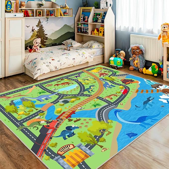 Kids Rugs for Playroom - Soft & Non-Slip 5x7 Feet Dinosaur Play Mat,Childrens Dinosaurs Carpet Washable Rug for Classroom Nursery Bedroom Boys