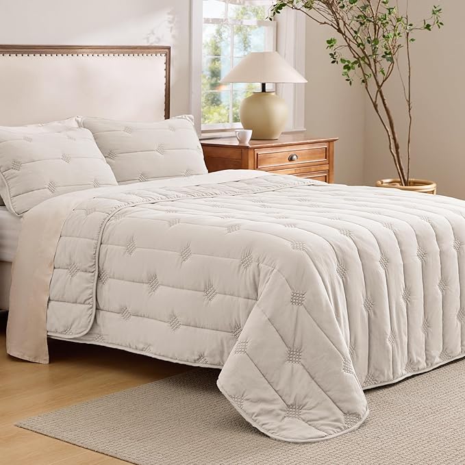 Bedsure Quilts Queen Size– Ultra Soft Cloud Lightweight Bedspread Coverlet Set with 2 Pillow Shams, Breathable & Cozy Comforter Set for All Season Use, Beige, 3 Piece (90x96 Inches)