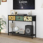 Tohomeor Entryway Console Table with 3 Retro Flowers Fabric Drawers Boho Narrow Long Behind Couch Farmhouse Sofa Table with Bottom Open Storage Shelf for Hallway Living Room Foyer (Black, 3 Drawers)