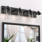 Bathroom Vanity Light Fixture, 4-Light Modern Black Vanity Light Fixtures with Clear Glass Shade, Matte Black Bathroom Light Fixtures Over Mirror, Rustic Restroom Lighting Fixtures