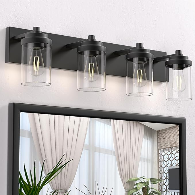 Bathroom Vanity Light Fixture, 4-Light Modern Black Vanity Light Fixtures with Clear Glass Shade, Matte Black Bathroom Light Fixtures Over Mirror, Rustic Restroom Lighting Fixtures