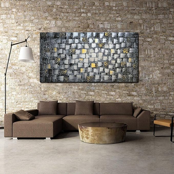 MyArton Large Thick Abstract Dark Silver add Golden Square Wall Art Hand Painted Artwork Textured Oil Painting on Canvas Framed Ready to Hang 60x30inch