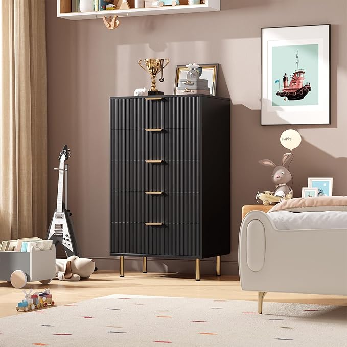 GarveeHome 5 Drawer Dresser for Bedroom, 48 in Tall Modern Chest of Drawers with Deep Drawers and Wide Top, Fluted Wooden Dresser Organizer for Living Room, Hallway, Kids Room, Black