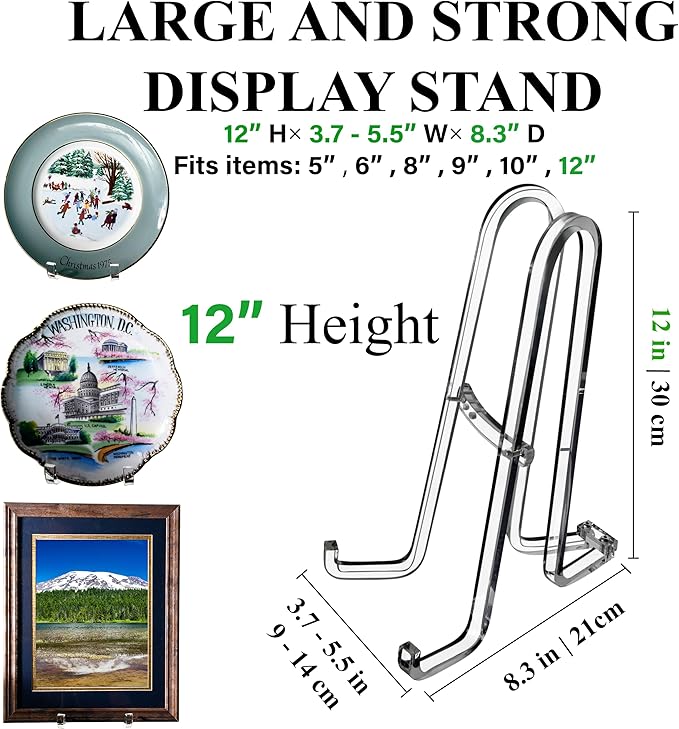 AMT 12 Inch 2 Pack Plate Stands for Display - Holder Stand + Acrylic Frame Holder Picture, Decorative Plate, Book, Photo Easel