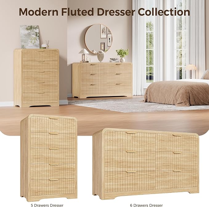 Modern 6 Drawer Dresser, 47" Wide Wood Dressers & Chests of Drawers Curved Profile Design, Mid Century Modern Fluted Dresser for Bedroom, Natural Oak