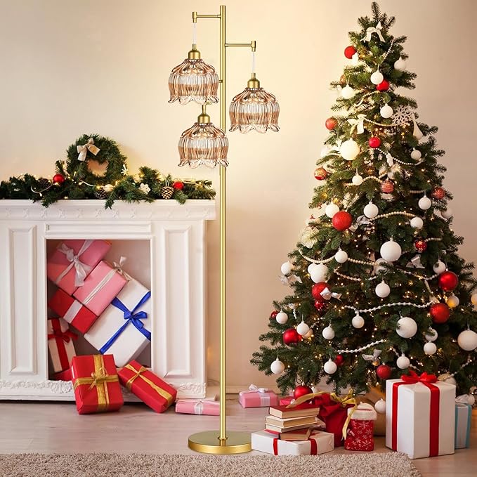 Gold Floor Lamp for Living Room Bedroom,Modern Floor Lamps with Unique Glass Shades,68IN Mid Century Tall Standing Lamp,Vintage Tree Floor Lamp for Corner Office Reading,3 Light Bulb Included