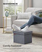 SONGMICS Storage Ottoman, Foldable Small Ottoman Foot Rest, 12.2 x 16.1 Inches Foot Stool, Load up to 286 lb, for Living Room, Bedroom, Dorm, Slate Gray ULSF200G01