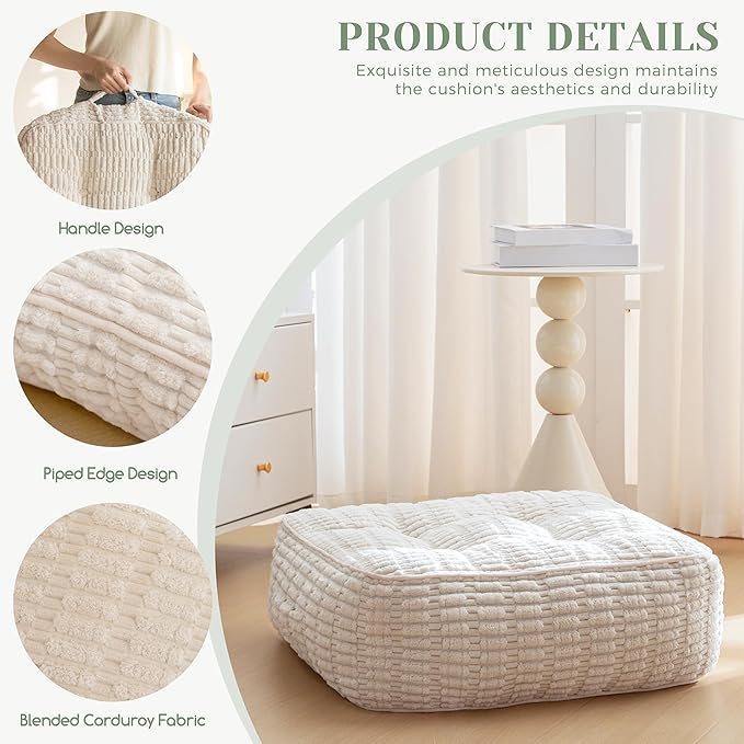 8" Washable Floor Pillow Cushion for Adults, Meditation Cushion Pillow, Removable Tufted Blended Corduroy Cover, Large Square Floor Sitting for Tatami Living Room or Yoga, 22x22 Inch, Machine Washable