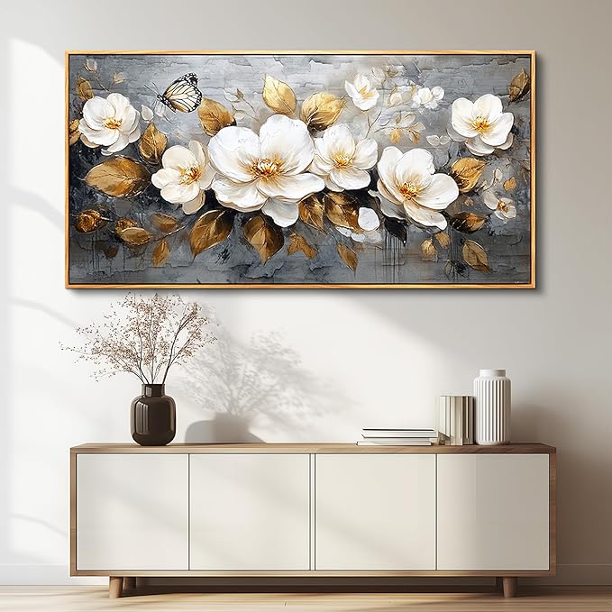 FUHAIHUA Large Wood Framed Wall Decor For Living Room Canvas Wall Art For Office Modern Wall Decorations For Bedroom White Flower Painting Farmhouse Pictures Artwork Room Home Decor 24x48 In