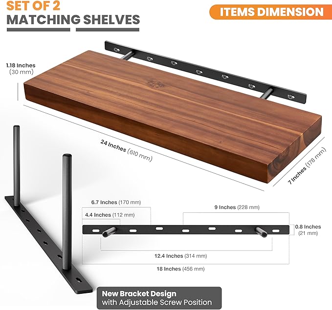 BATODA Set of 2 24" Acacia Wood Floating Shelves Wall Mounted – Rustic Farmhouse Wooden Wall Storage Shelf for Bedroom, Kitchen, Home Décor - Brackets and Shelving Hardware Included
