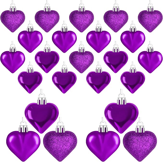 24PCS Heart Shaped Ornaments, Purple, 2 Sizes Valentines Hanging Ornaments, Glossy Baubles for Wedding Anniversary Tree Party Decorations