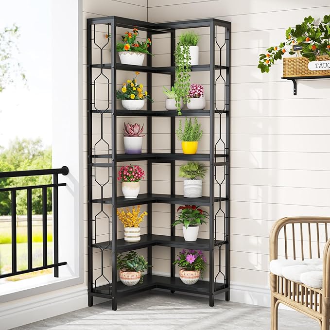 Tribesigns Corner Shelf, 7-Tier Industrial Corner Bookshelf, Wood and Metal Corner Etagere Bookcase, Freestanding Display Shelf for Living Room, Kitchen, Home Office, All Black