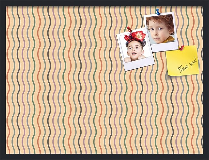PinPix 32x24 Inch Cork Bulletin Board. This Decorative Framed Pin Board Comes with Multi Color Waves Design and a Satin Black Frame. Ideal for Home Office Decor or Message Board (PinPix-565)