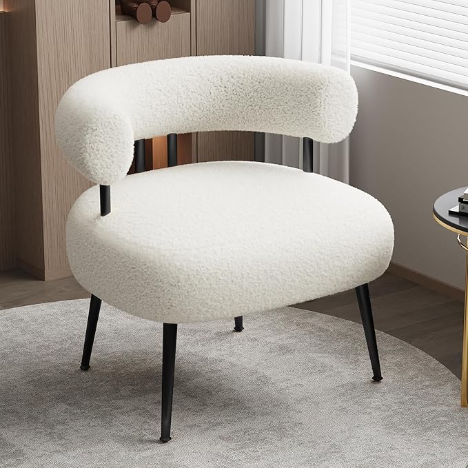Mid Century Sherpa Boucle Accent Chair, Round Upholstered Barrel Arm Chair for Small Spaces, Fluffy Side Corner Sofa Chair for Living Room, Bedroom, Vanity, Office, Reading Nook