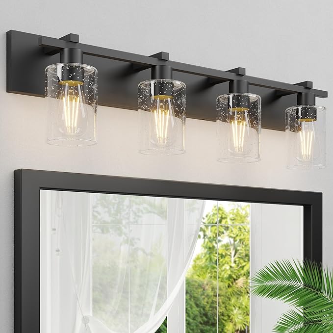Espird Bathroom Vanity Light, 4 Light Matte Black Light Fixture with Thickened Seeded Glass Shade, 30 inch Modern Wall Sconce,Vanity Lights Over Mirror for Bathroom