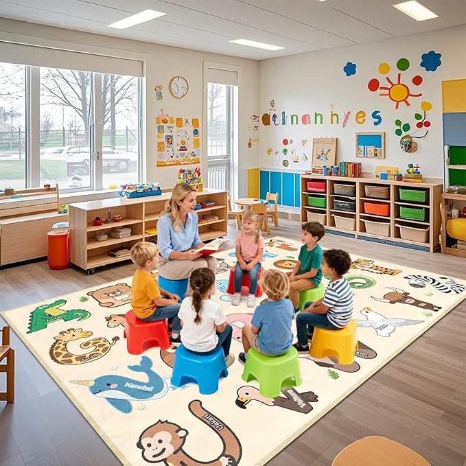 Kids Rugs for Playroom - 6x9 Feet ABC Alphabet Rug for Classroom Preschool Educational Learning Animals, Kids Room Rugs Toddler Nursery Kindergarten Decor, Beige