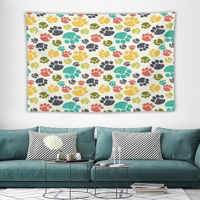 VUMIVI Dog Paw Tapestry Hand Painted Colorful Animal Footprints Doodle Kids Painting Tapestry Wall Hanging for Living Room Bedroom Dorm Classroom Aesthetic Decor W90xL60in