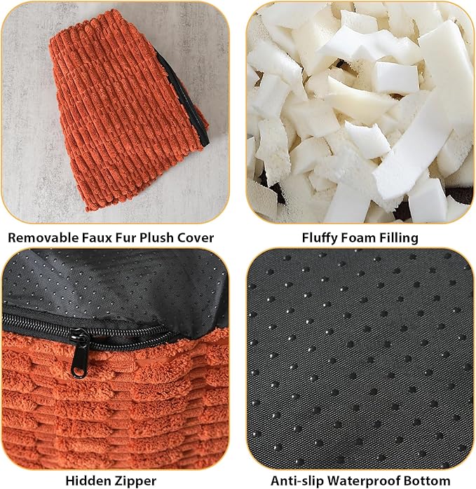 Round Stuffed Pouf Ottoman for Foot Rest, Storage Ottoman Pouf Foot Stool Cushion, Faux Fur Poufs with Foam Chunk Filling, 20 X 15 Inch Floor Chair for Living Room Bedroom Home Decor, Coral Orange
