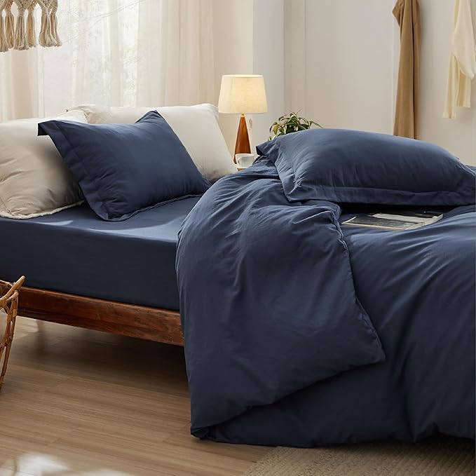Bedsure Duvet Cover Queen Size with Fitted Sheet - 4 Pieces Prewashed Polyester Extra Soft Bedding Set, Includes 1 Duvet Cover 90x90 Inches with Zipper Closure, 2 Pillow Shams, 1 Fitted Sheet, Navy