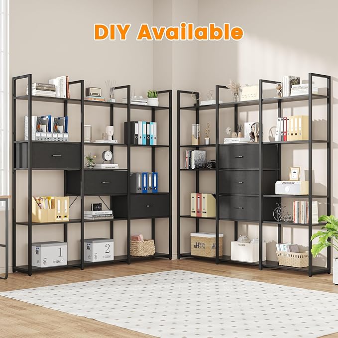 Semoic Triple Wide 6 Tiers Industrial Book shelf with 3 Drawers and Storage Shelves, 73.6" Tall Bookcase with 16 Open Display Shelves, Large Etagere Bookshelf with Metal Frame for Home & Office, Black