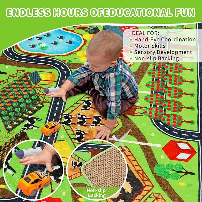 Kids Rug Play Rug for Toy Cars, 39.4"×59" Farm Life Road Traffic for Playroom Kid Car Road Mat Village Map Play Mat Non-Slip Washable Carpet for Toddler Boy Family Tummy Time Playtime