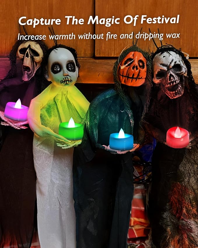 Flameless Candles, 12-Pack Color Changing Tea Lights Candles Battery Operated, Long-Lasting 200+ Hours Flameless Tealight Candles for Halloween Christmas Holiday Decor, 1.5'' D X 1.25'' H