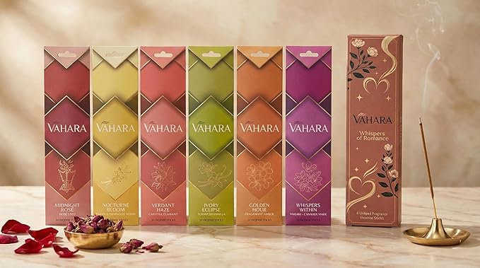 Premium Vahara Masala Incense Sticks – Whispers of Romance (6 Packs) | Handrolled Incense for Romantic Mood, Home Fragrance & Meditation