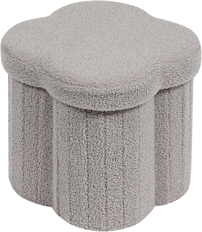 PINPLUS Floral Storage Ottoman Cube Boucle Footrest Stool with Lid, Multi-Functional Cube Seat for Living Room, Dorm & Bedroom – Grey 12.6"x12.6"x12.6"