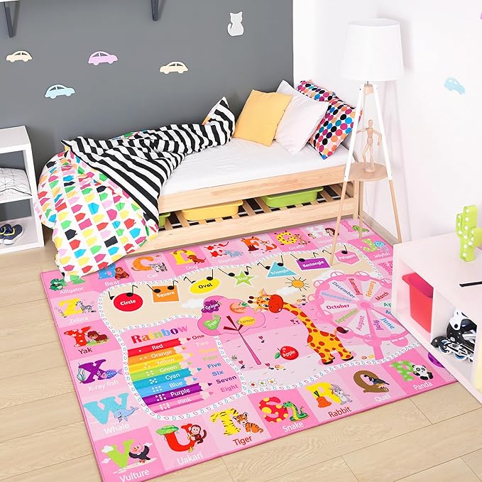 Chicrug Educational Kid Area Rug for Playroom, 6x9 Feet TPR Non Slip Kids Classroom Carpet Rug for Learning ABC Animal, Shape Color Fruit, Washable Play Mat Rug for Children Nursery Toddler Room Decor