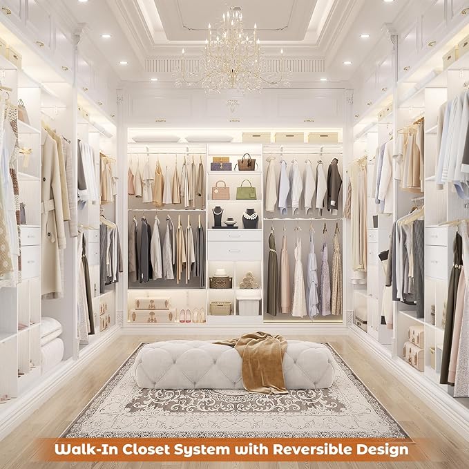 8FT Closet System - 96" Closet Organizer System with Wooden Drawers,Closet Systems for Walk-In Closets with Cuttable Hanging Shelving, White