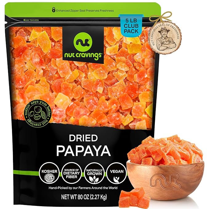 NUT CRAVINGS - Dried Papaya Chunks, Lightly Sweetened (80oz, 5 LB) Tu Bishvat Favorite - Sweet Healthy Snack, Vegan, Kosher, Resealable Bag