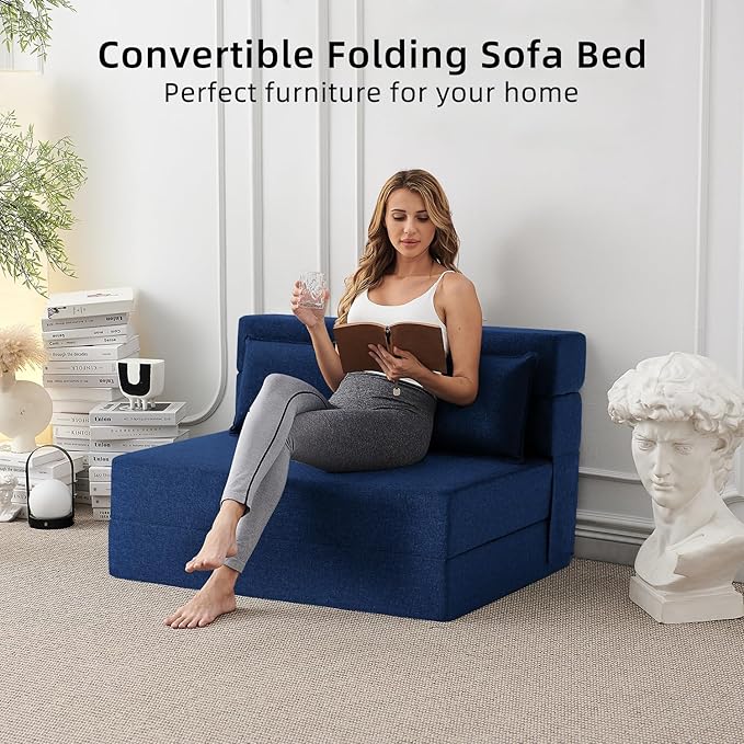 FILUXE Convertible Folding Sofa Bed - Sleeper Chair with Pillow, Modern Linen Fabric Floor & Futon Couch, Foldable Mattress for Living Room/Dorm/Guest/Home Office/Apartment,Standard Size, Navy Blue