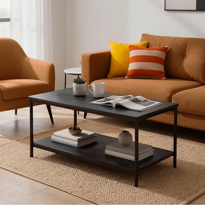 Amazon Basics Rectangular Coffee Table with Bottom Shelf, Living Room Centre Table, Wooden Black, 19.9" D x 31.5" W x 16.5" H