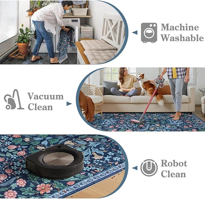 Moynesa Floral Washable 8x10 Rug, Large Area Rugs for Living Room, Soft 8 x 10 Boho Bedroom Rugs, Non Slip Botanical Ultra Thin Floor Carpet for Dining Room Nursery, Blue