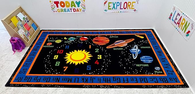 KIDCARPET.COM Outer Space Rectangle Classroom Rug | Bordered Area Rug for Preschool Daycare Learning, 7'6" x 12'