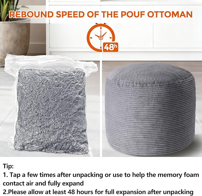 Pouf Ottoman Foot Rest, Comfortable & Soft, Round Footstool for Living Room, Bedroom, Office, Room Decoration, Corduroy Foot Stool Pouf with Odorless & Anti-Clump Filling, Large Dark Grey