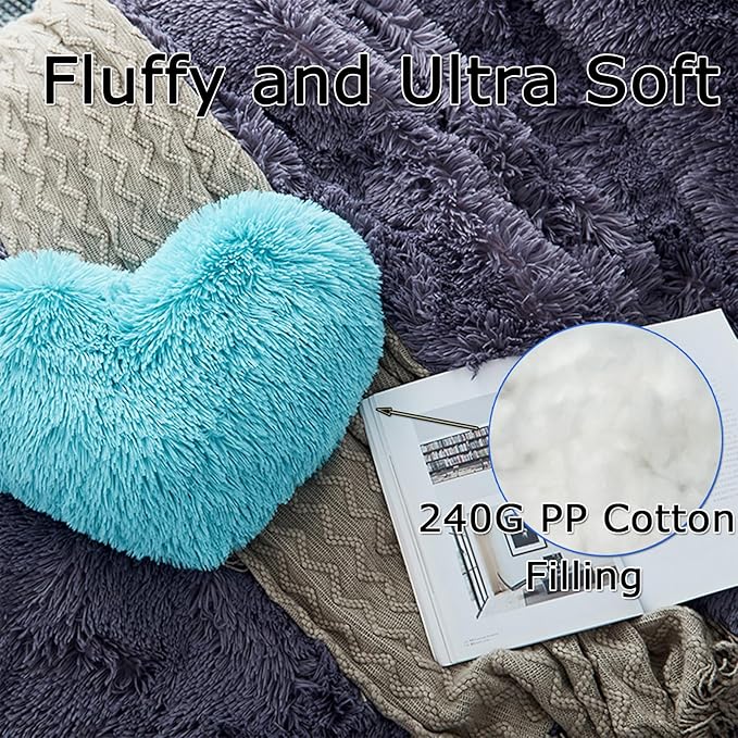 MorroMorn Fluffy Heart Throw Pillows, Shaggy Decorative Pillow for Sofa Couch Bed, Cute Room Decor Decorations for Women Girls Kids (Aqua)