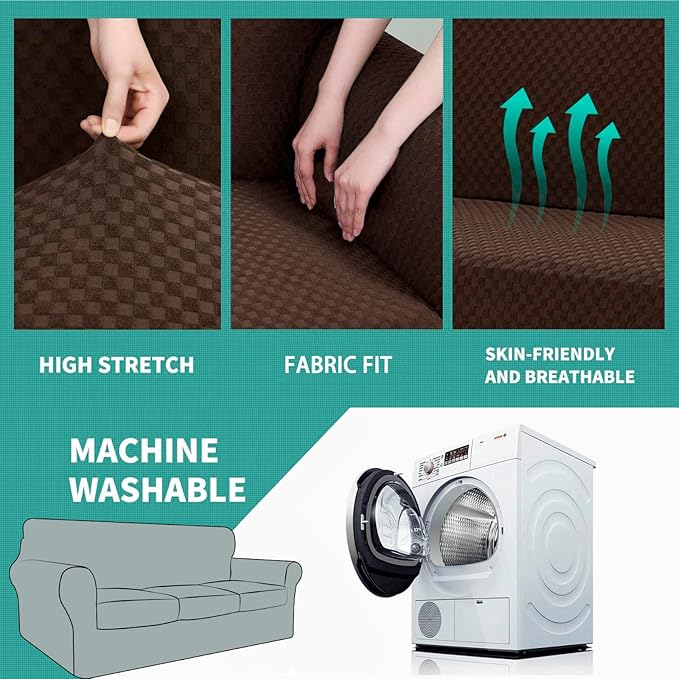 YEMYHOM Latest Checkered 4 Pieces Couch Covers for 3 Cushion Couch Extra Large High Stretch Thickened Sofa Cover for Dogs Pets Furniture Protector Sofa Slipcovers (Dark Coffee), 91"-110"(3 Cushions)