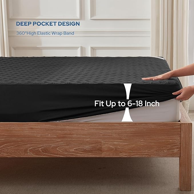 BEDLORE Waterproof Mattress Protector, Twin Size Mattress Pad with Deep Pocket 6"-15" Depth, Soft Breathable Dirt-Proof Single Bed Mattress Cover for Bedroom, Dorm Room (Black)