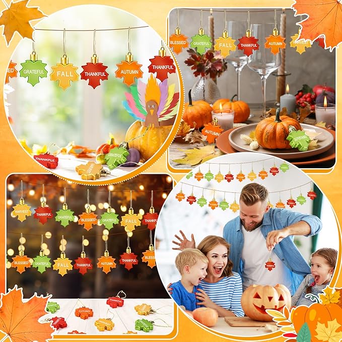 JULMELON 24Pcs Thanksgiving Ornaments, Fall LeavesTree Decorations Autumn Maple Hanging Ornaments with Rope Maple Pendant for Farmhouse Rustic Party Favors Craft Supplies