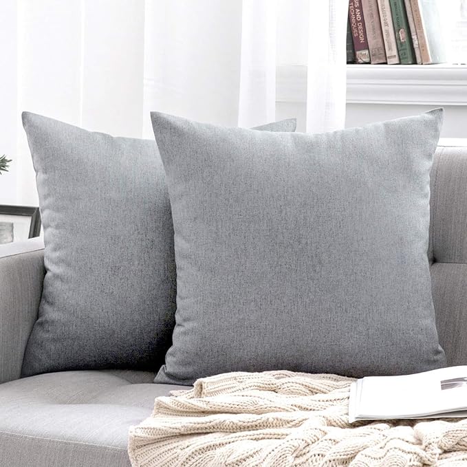MIULEE Pack of 2 Decorative Outdoor Solid Waterproof Throw Pillow Covers Euro Sham Faux Linen Garden Farmhouse Cushion Cases for Patio Tent Balcony Couch Sofa 24x24 Inch Light Grey